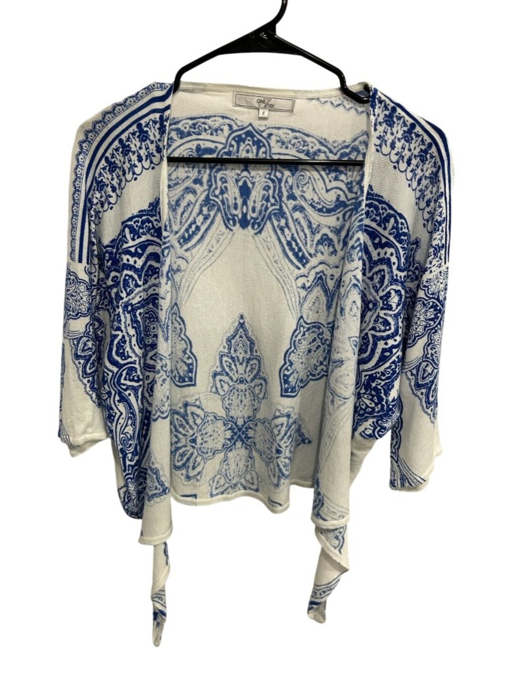 One7Six Tie Front 3/4 Sleeve Shrug White Blue Sz Small Rayon Cotton Boho Layers